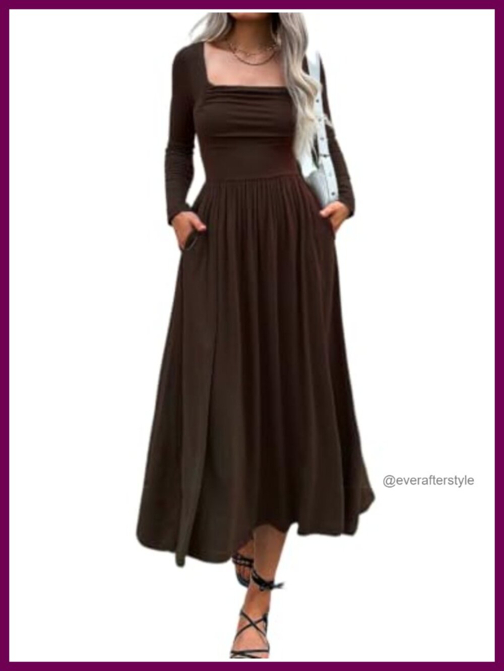 Women Long Sleeve Square Neck Maxi Dress Smocked Fitted Ruched Pockets
